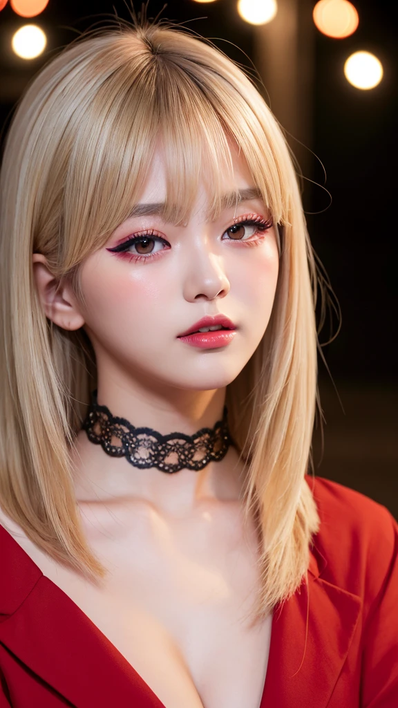 (nsfw), (Highest quality), (Ultra-high resolution), (Realistic), Japanese, 1girl, cute, embarrassed, park, night, blonde hair, lipstick, eyeshadow, eyeliner, blushing cheeks, choker, red frame eyewear, heavy rain, Completely naked