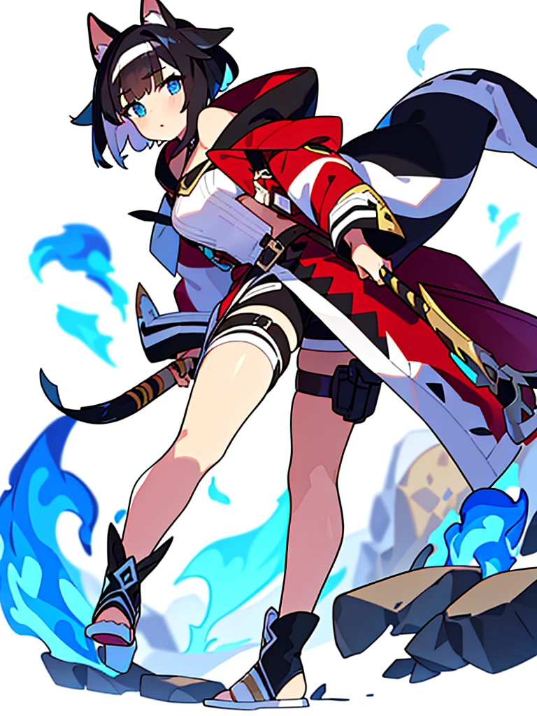solo female, standing, (((blurry background, white background))), character focus, fantasy clothes, character design, shorts, holding weapon, black hair, bangs, dog ears, folded over dog ears, black curled tail, dog tail, blue eyes, canine iris