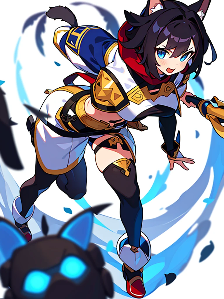 solo female, standing, (((blurry background, white background))), character focus, fantasy clothes, character design, shorts, holding weapon, black hair, bangs, dog ears, folded over dog ears, black curled tail, dog tail, blue eyes, canine iris