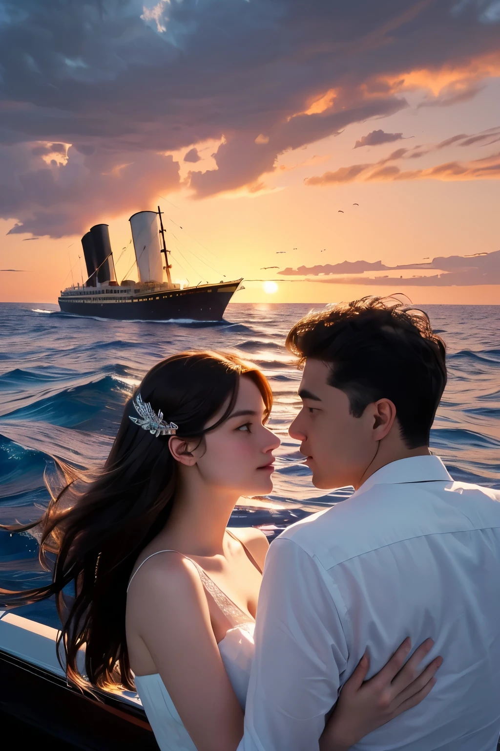8K, masterpiece, arafed image of a couple on a boat at sunset, titanic, At sea, rotoscoped, Carl Eugen Kiel(Carl Eugen Keel)Works inspired by, at sunset, Thrilling and romantic, movie stills, by Susan Heidi, By Thomas Dalziel, Inspired by Hans Price, cinematics, at dusk!, at sunrise, on the bow, (Highly detailed facial expressions),