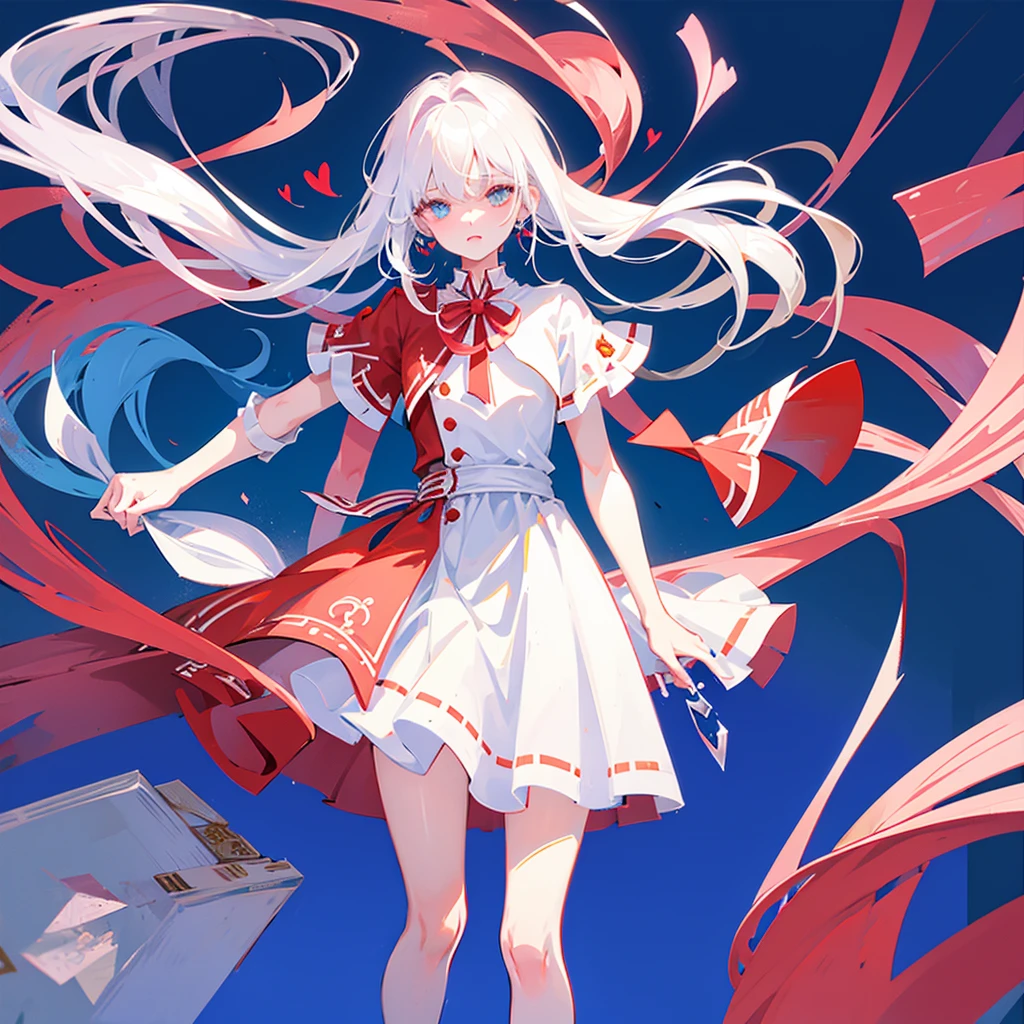 White hair, long, beautiful boy, cute, dress, androgynous, left eye white, right eye red, love, fleeting, unrequited love, solo, blue background