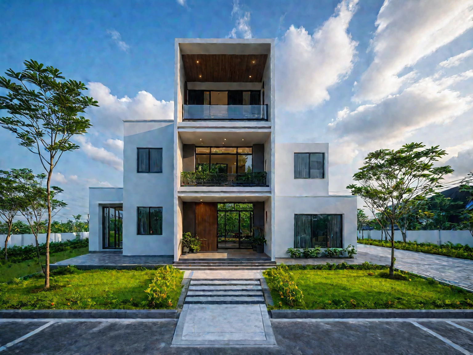 Raw photo,Masterpiece, high quality, best quality, authentic, super detail, soft lighting, high quality, exterior, outdoors, onestoreyvilla, house style modern on the street vietnam road,pavement, grass, trees, blue sky, cloud, (day:1.1), vivid colour, (realistic:1.2), unreal engine 5, vray tracing
