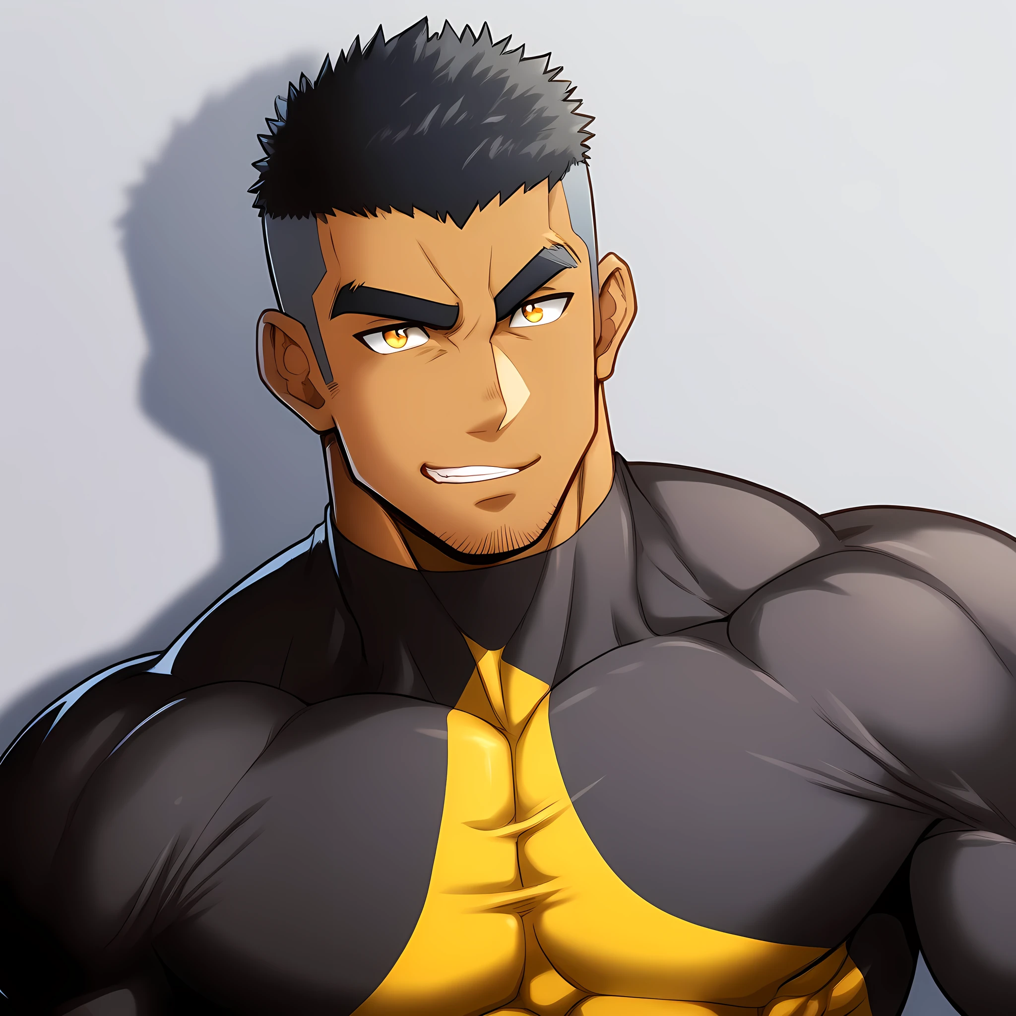 anime characters:Gyee, Muscle Sports Student, negro black skin, 1 dark skin muscular tough guy, Manliness, male focus, Yellow and black striped high collar long sleeve tight T-shirt, Slightly transparent material, Very tight, Round, full and perky chest muscles, Slightly transparent, muscular male, muscular, only, Upper body, alone, Black short hair, Thick eyebrows, stubble, Yellow eyes, Grey background, simple background, amazing quality, best aesthetics, Ridiculous, bright pupils, crew cut, parted lips, seductive smile, torogao, naughty face, drop shadow, best quality
