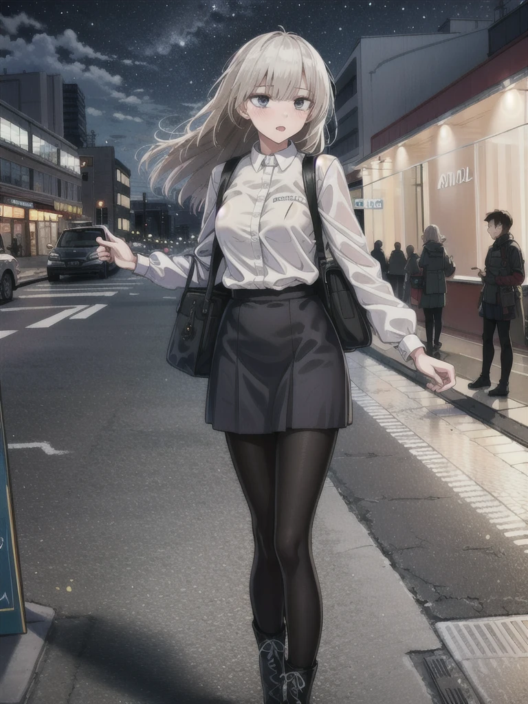 1girl, solo, female, ak-74m, white shirt, standing,cowboy shot's, blue skirt, outdoor, night, 4k, bokeh, pantyhose, carying a bag, mature woman, a date,