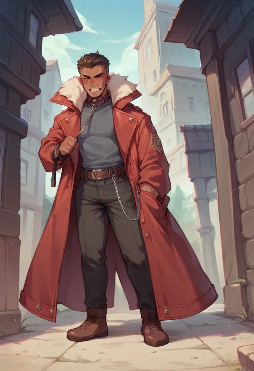 Adult British in red coat costume with a indian labour on leash