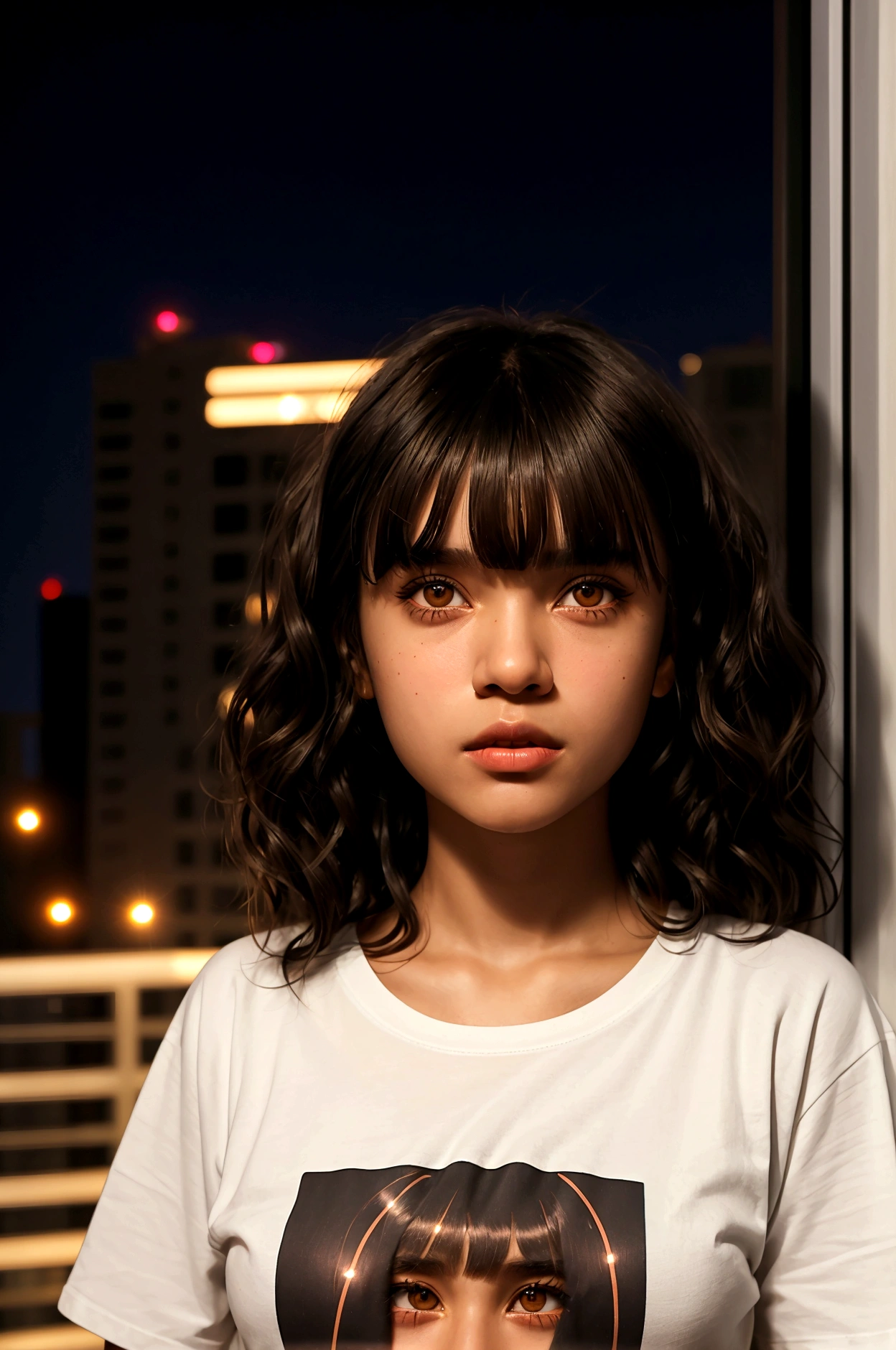 cinematic realistic portrait, front face, of a young girl, adolescent, (caucasiana), fly away, preta t-shirt long t-shirt, minimal style, Beautiful woman, ((short wavy hair with bangs)), ((honey eyes)), Pursed lips, night in an apartment, window to the city, neon lights