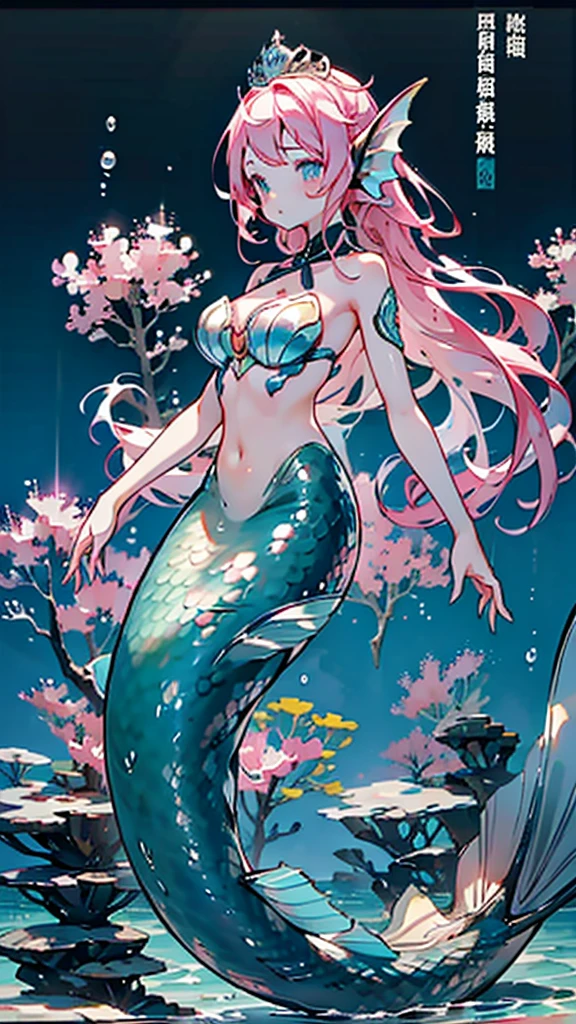 Mermaid,Mermaid,Mermaid女孩,Mermaid尾巴,Bodysuit style,Scale style,Underwater background,Underwater background,Seabed background,Coral shells background,Background in sea water,pink与紫色的鳞片,pink色调,fin,身上长着fin,Girl with fish tail,pink与紫色,Powder blue scales,cute,cute,cute,crown,Armor,Armor,pink,pink鳞片,Close-up shot from waist up,Giant fish tail