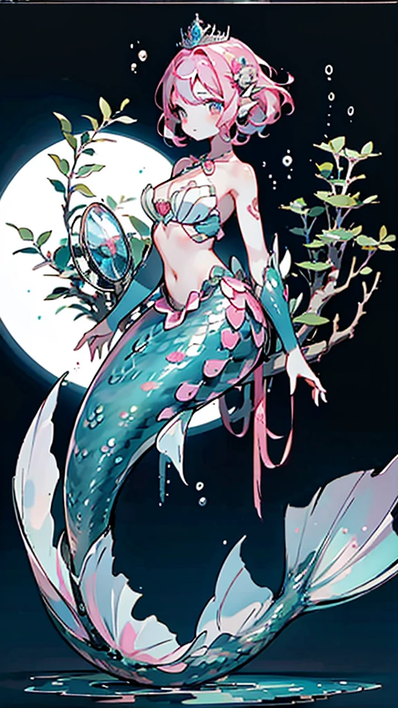 Mermaid，Mermaid，Mermaid女孩，Mermaid尾巴，Bodysuit style，Scale style，Underwater background，Underwater background，Seabed background，Coral shells background，Background in sea water，pink与紫色的鳞片，pink色调，fin，身上长着fin，Girl with fish tail，pink与紫色，Powder blue scales，cute，cute，cute，crown，Armor，Armor，pink，pink鳞片，Close-up shot from waist up，Giant fish tail