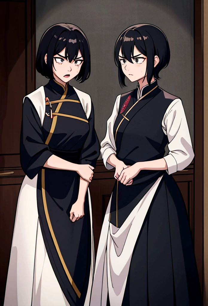 Two women facing each other and arguing violently。There was a look of anger on their faces.、Clenching his fist。One of the women has short hair and is dressed casually.、The other has long hair and is dressed a little more formally.。The background is a simple room、A little bit of furniture and accessories are visible.。The whole scene has an air of tension and conflict.。
