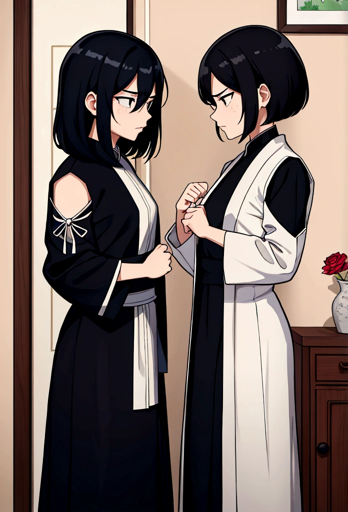 Two women facing each other and arguing violently。There was a look of anger on their faces.、Clenching his fist。One of the women has short hair and is dressed casually.、The other has long hair and is dressed a little more formally.。The background is a simple room、A little bit of furniture and accessories are visible.。The whole scene has an air of tension and conflict.。