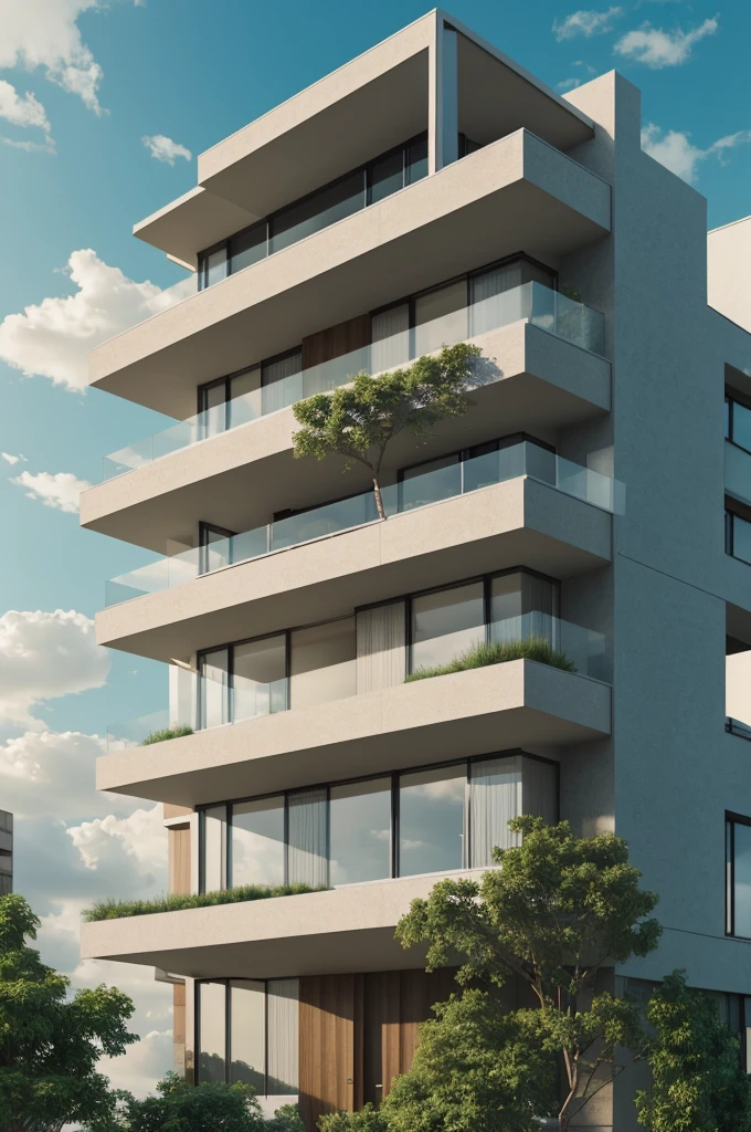 Create a render of a single-story building, with late modernist characteristics, that is at an angle of 30°, with vegetation around it, sky and clouds, with movement and volume.