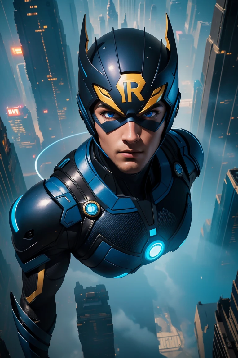 (Best Quality),(Masterpiece),(ultra detailed),(4k resolution),(extremely detailed),abstract expressionist painting "hyperion", superhero with the power to run fast, digital paint, Concept art portrait of the character, (black suit with blue), mascara, Big city, whole body