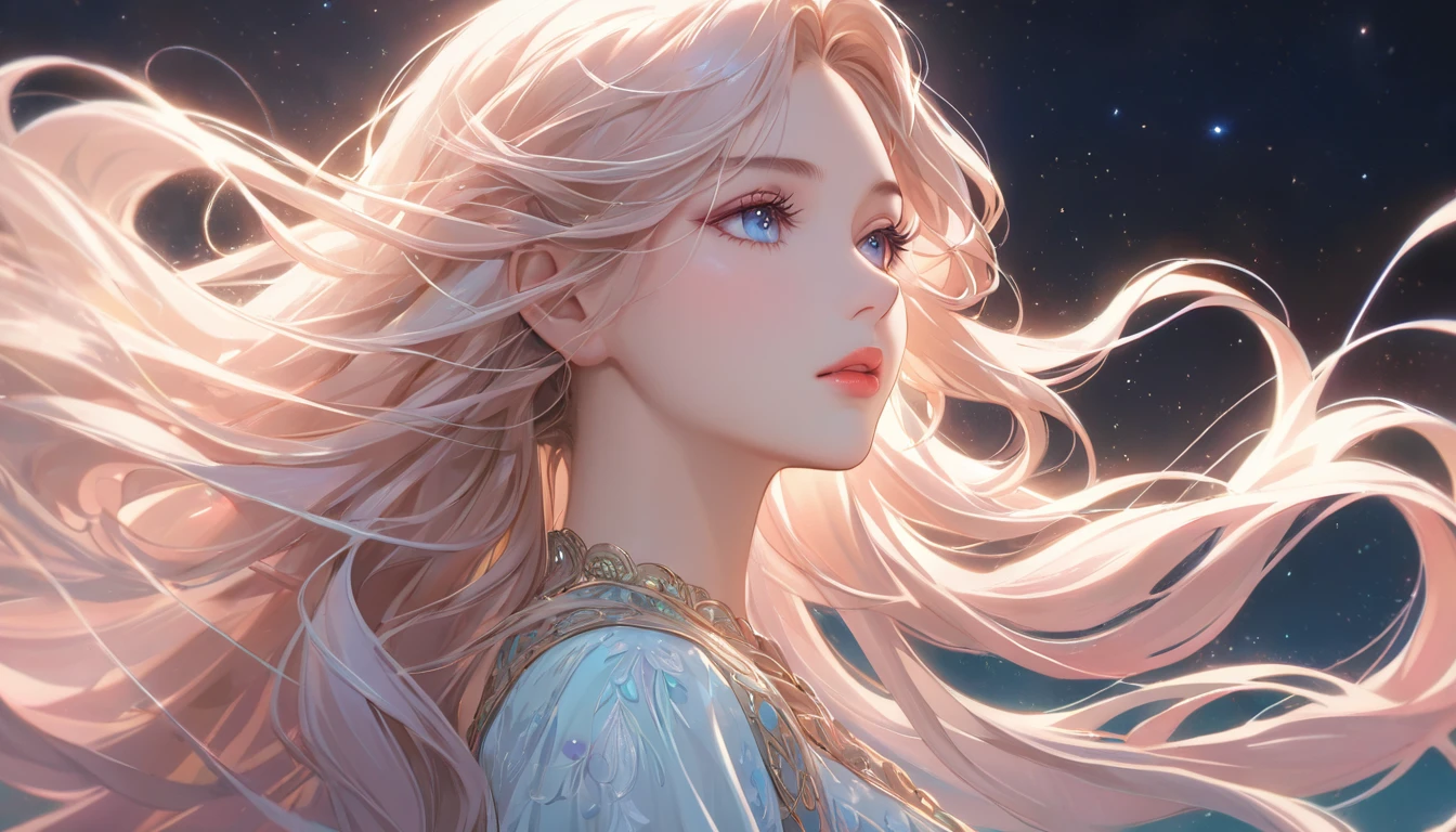 A woman lost in thought, gaze directed skyward, anime style, white background, detailed face, long flowing hair, elegant pose, beautiful detailed eyes, beautiful detailed lips, extremely detailed face and features, cinematic lighting, soft pastel colors, delicate, ethereal