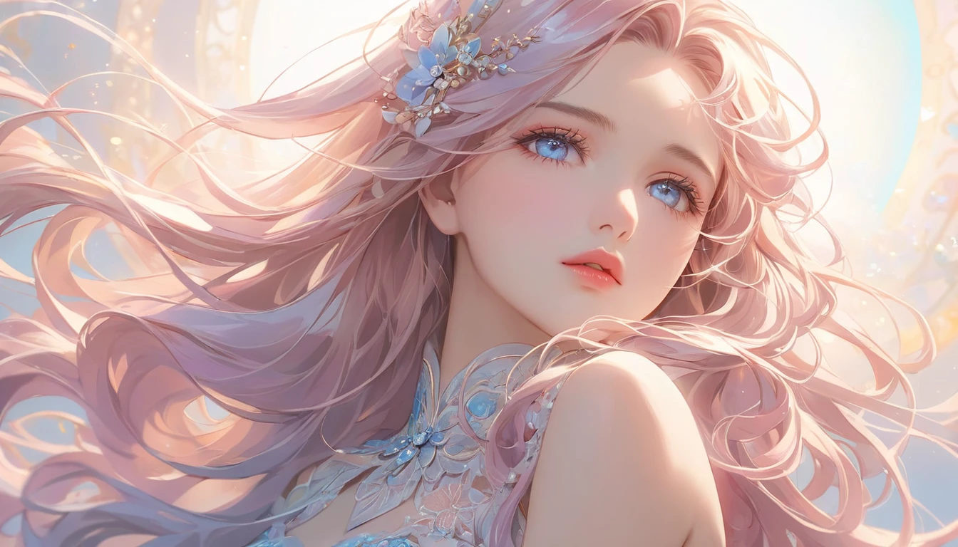 A woman lost in thought, gaze directed skyward, anime style, white background, detailed face, long flowing hair, elegant pose, beautiful detailed eyes, beautiful detailed lips, extremely detailed face and features, cinematic lighting, soft pastel colors, delicate, ethereal