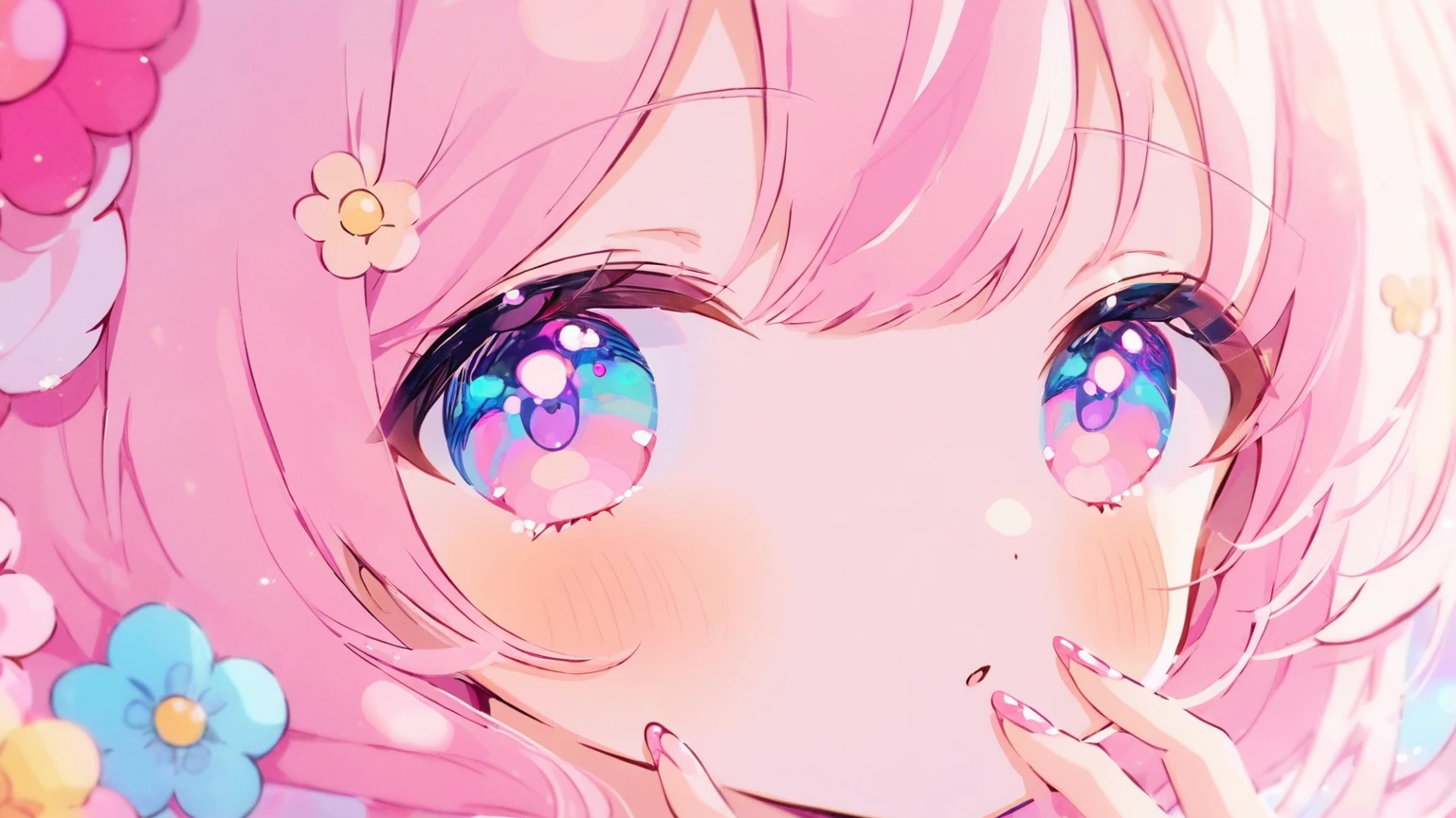 kawaii, close up of luxury makeup next to a single flower, pastel colors, no humans