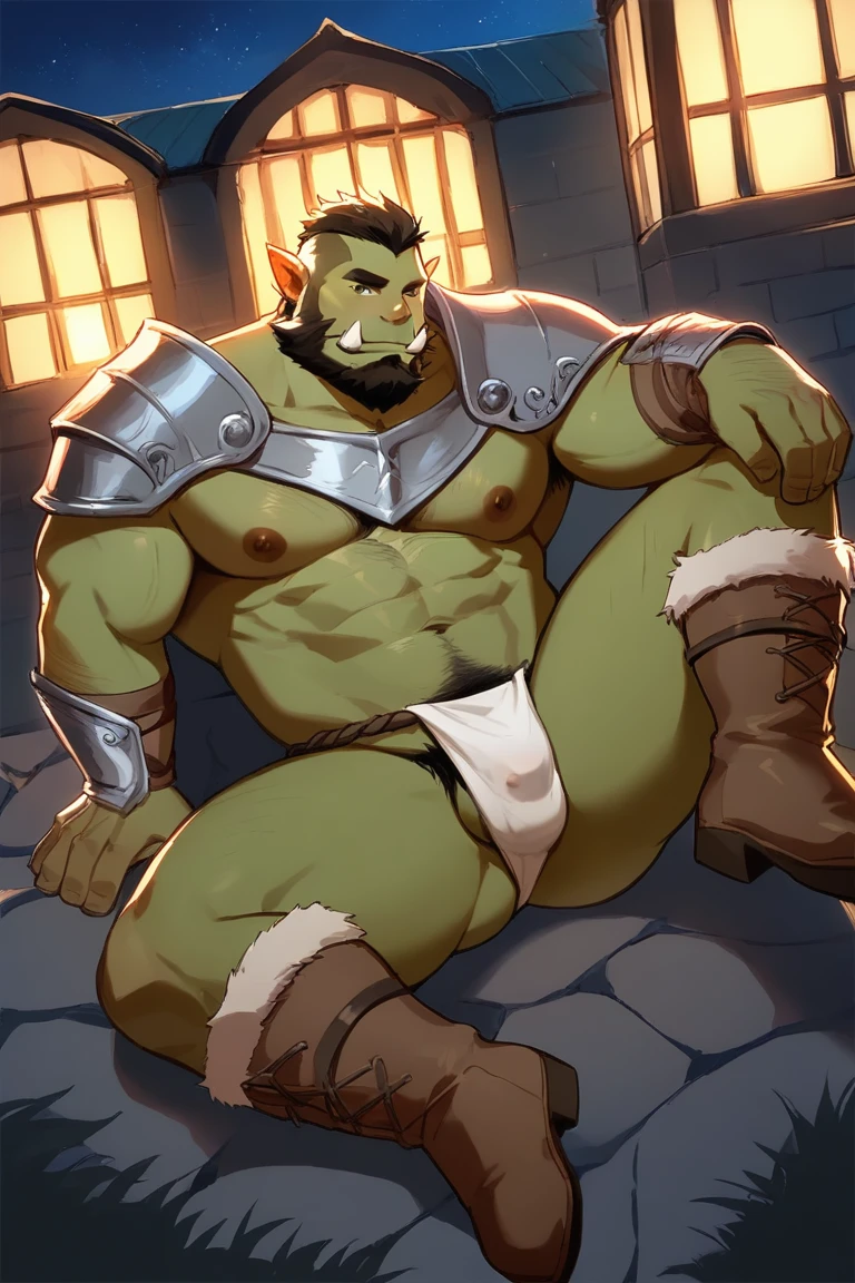score_9, score_8_up, score_7_up, solo, male focus, mature male, orc, green skin, tusks, beard, outdoors, micro armor , shoulder armor, breastplate, upper body , pauldrons, night, night sky,, boots , (micro fundoshi) , full body , laying spread legs , legs up