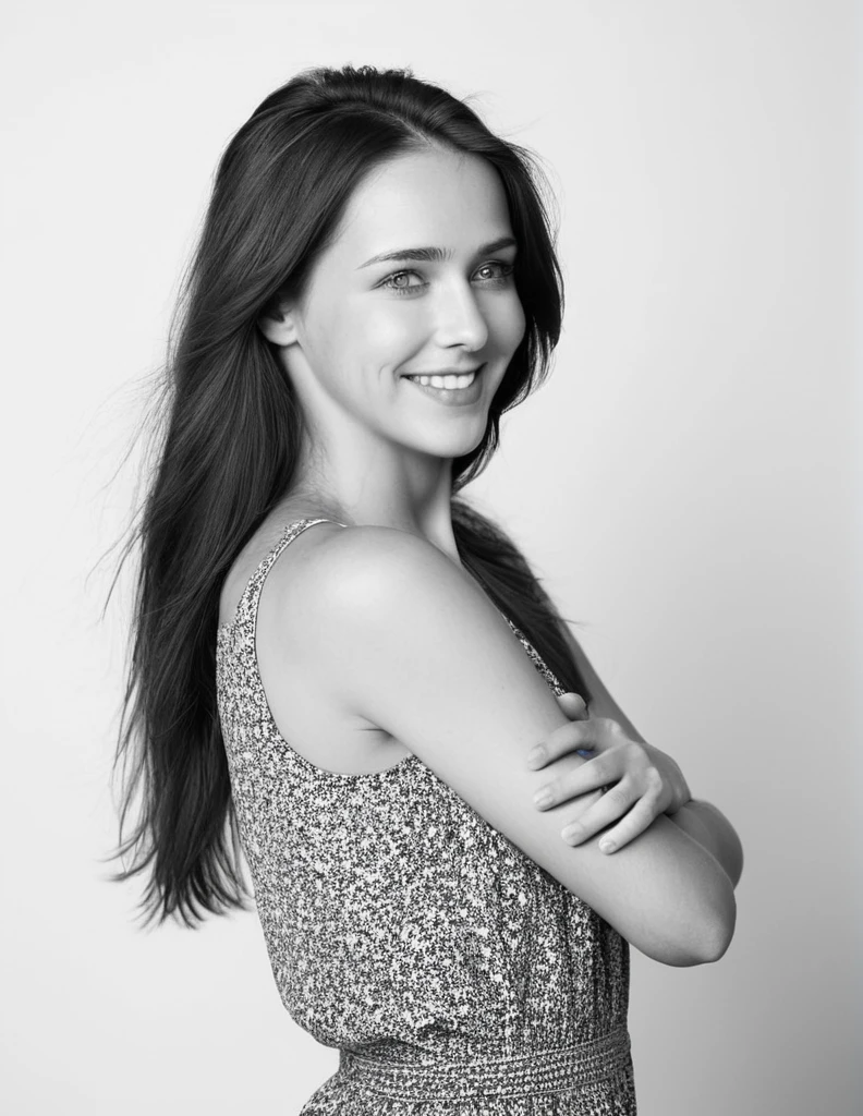  black and white  photoshoot of 1girl,stefannie joosten, Brunette,blue eyes,atletic,long straight hair,posing in profile. Long straight hair falling freely. Her expression is joyful with a wide smile. The background is completely white, Her arms are crossed over her chest, creating a dynamic and expressive pose. The image conveys freedom, confidence, and joy.attletic