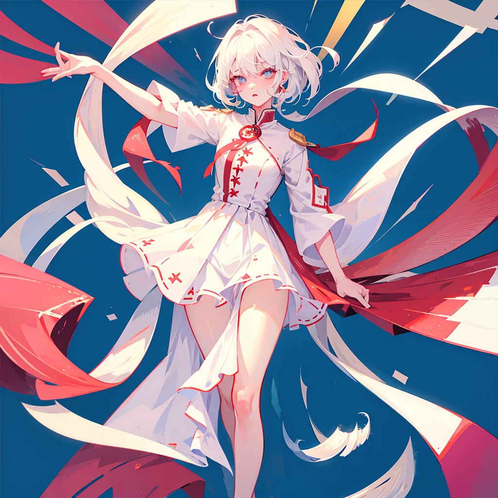 White hair, long, beautiful boy, cute, dress, androgynous, left eye white, right eye red, love, fleeting, unrequited love, solo, blue background