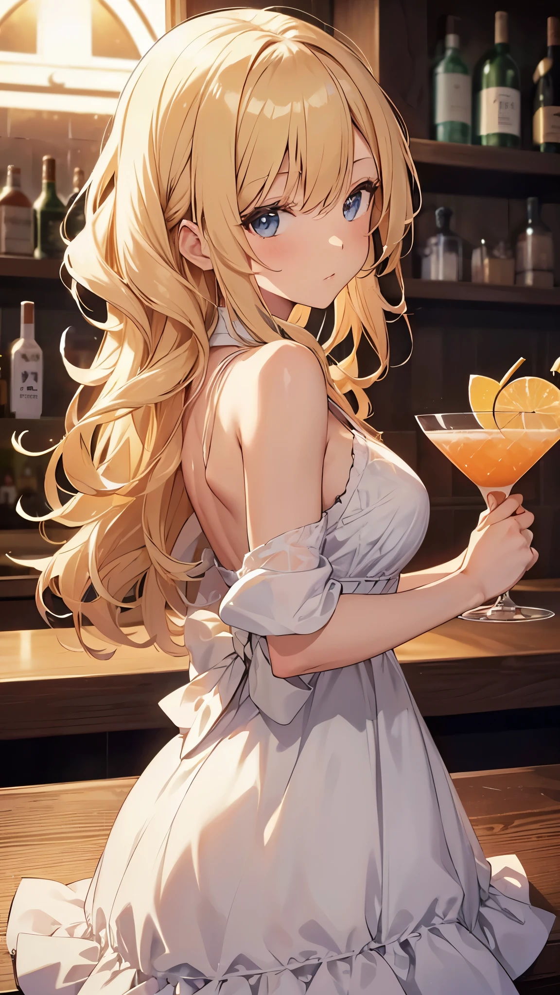 Create a anime style landscape image. Digital illustration featuring a young woman with long, wavy blonde hair and fair skin. She has striking blue eyes and is wearing a black, off-shoulder dress with a shimmering, glittery pattern. The dress has a fitted bodice and a flared skirt. She is accessorized with a delicate necklace and earrings. The background depicts a bar setting with various bottles and a glass of red wine on the counter. The lighting is dim, creating a warm, intimate atmosphere with reflections and shadows adding depth to the scene.