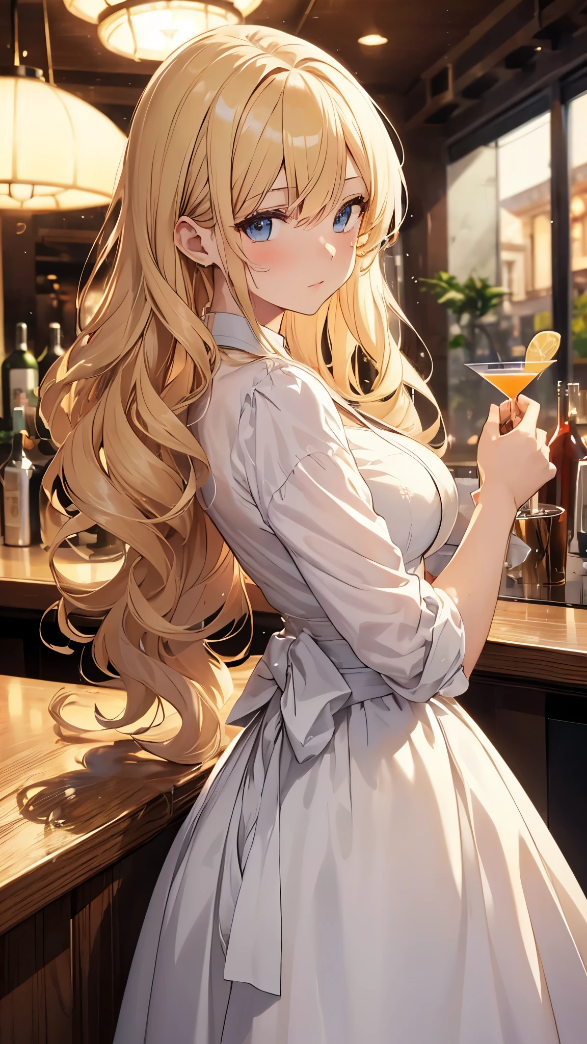 Anime girl in a white dress holding a cocktail glass,Blonde, Curly Hair, Side Lock, Big Hair, Modern, Motion Lines, Viewfinder, From the side, Ultra-high resolution, (masterpiece, Textured skin), ((Super detailed)), Highest quality, Enjoy a cocktail in a relaxed atmosphere at the authentic bar. Woman drinking martini, Gorgeous ball gown, ((1 cocktail glass)), At the bar counter