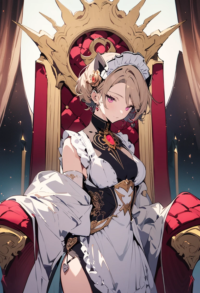 masterpiece, Highest quality, Illustration of the novel, High resolution, 18+ Adult content, Sensual, Intimate, Emotional, Passionate, romantic, sweet, Adorable, Innocent, Pure, Charmな, Charmな, Charm, mysterious, Charmな, Charmな, Immersive, Charmな, dream-like, Surreal, Imaginative, Whimsical, Artistic, Avant-garde, timeless, elegant, Sophisticated, chic, Sophisticated, personality, original, Charmな,((Maid clothes:1.3)),((Throne of Power,Throne of Power:1.3))((Upper Body:1.3))