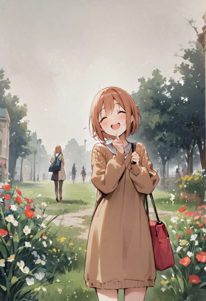 Shoulder bag、girl、sweater、Open both eyes、Laugh innocently、at the park、squirt、Passersby、Square、Plants