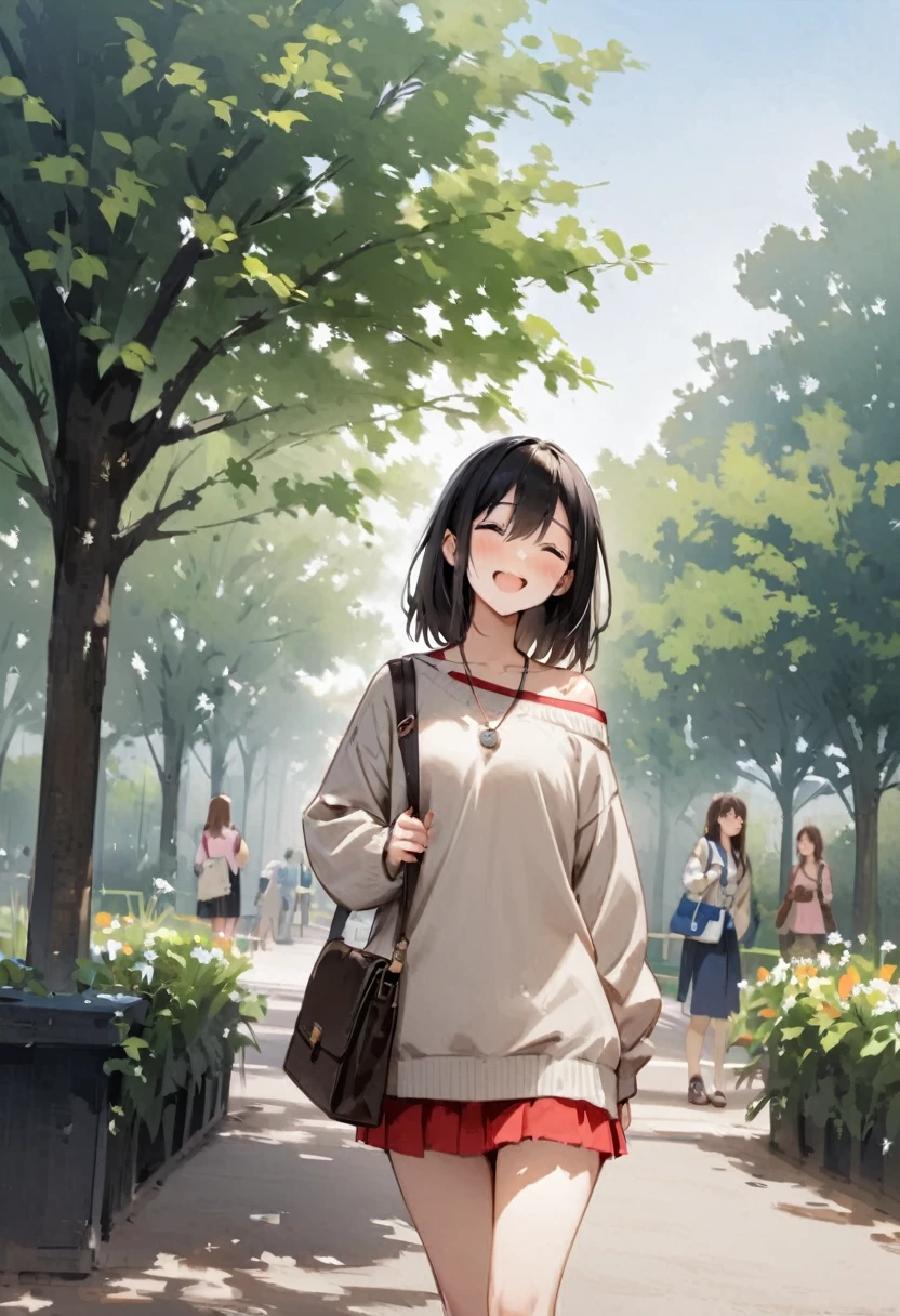 Shoulder bag、girl、sweater、Open both eyes、Laugh innocently、at the park、squirt、Passersby、Square、Plants