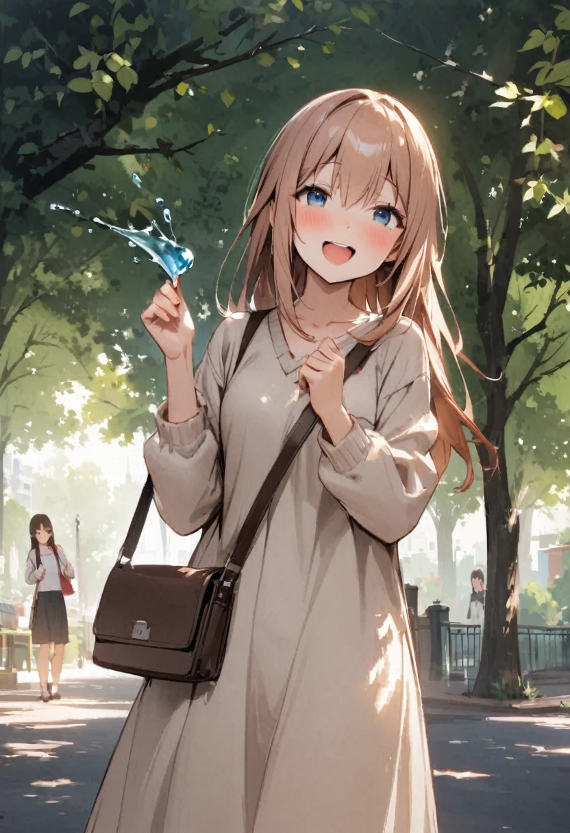 Shoulder bag、girl、sweater、Open both eyes、Laugh innocently、at the park、squirt、Passersby、Square、Plants