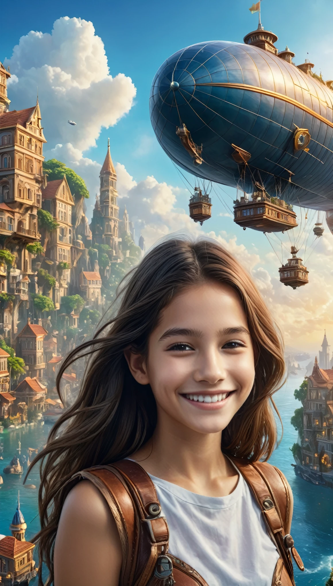 Many islands are floating in the air, A small airship is flying around, City, Fantasy, Extreme Detail, Realistic Light, A magnificent composition, (Intricate details), (Intricate Design, Super detailed :1.2), Art Station, (masterpiece, Highest quality), Ultra HD, 32K  (Close-up portrait of yo beautiful girl is smiling at viewers:1.1)