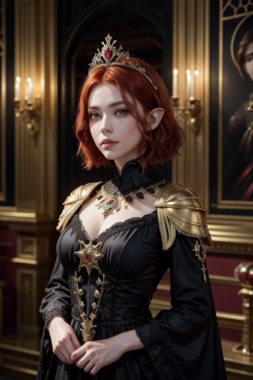Red hair, long eyelashes, gold eyes, he would be , short hair, Elaborately crafted crown, Power stone with a great shine on the forehead. dark, sharp eyes, Elaborate clothing, vestidos griegos de colores darks, Full body esbian, distant view, high quality, bright shadows, elf, gothic 