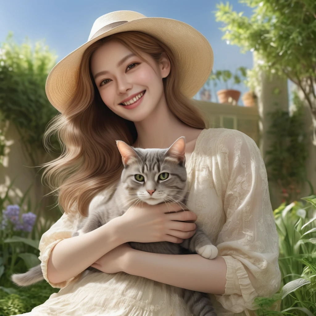 In a sunny lawn garden、Western super beautiful woman smiling、Relaxing while holding a cat、Detailed hands,refer to, foot、Very detailed、Upper body UP、Ultra delicate、photograph、3d

