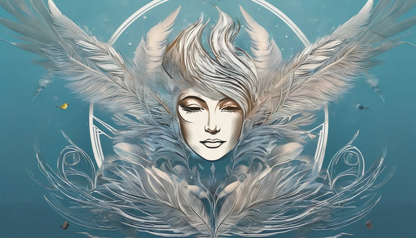 Create a professional, fantastic, cinematic dream-like Youtube Banner for a brand about music, stories, fantasy and dreams called " Penamemoria". Masterpiece, 4k, sharp focus, highest quality,wide shot. The title is " Penamemoria". Is a brand about the creative, unique journey of a boy into becoming a musician storyteller. In his journey he finds inspiration in a world of birds and feathers. Minimalistic, simple, poetic, dreamy logotype at the center of the image. The Background image is a world full of fantastic feathers, unique birds, light blue sky, soft white and light golden. Logo design of a face of a boy and a face of a feather