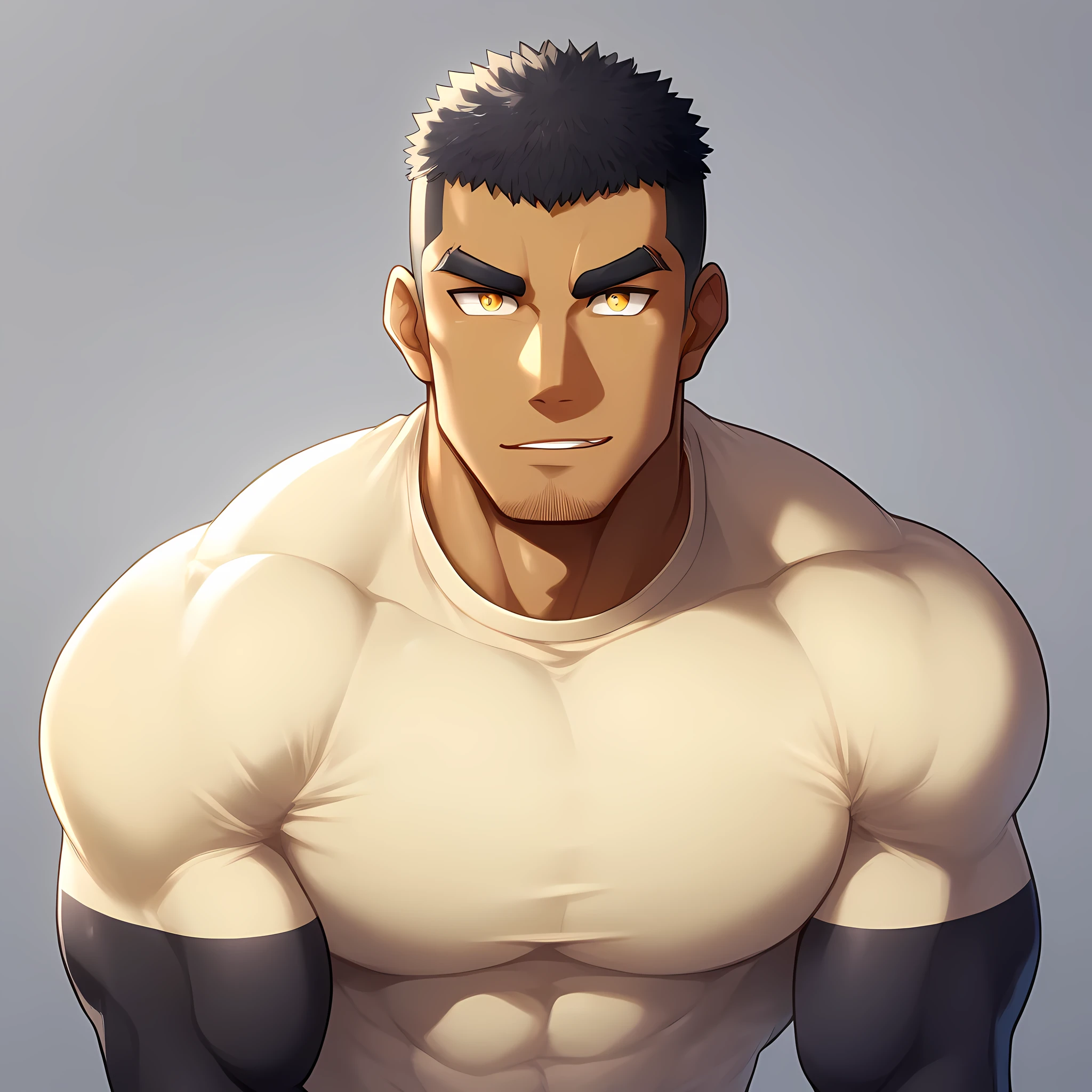 anime characters:Gyee, Muscle Sports Student, negro black skin, 1 dark skin muscular tough guy, Manliness, male focus, Light yellow high collar long sleeve tight T-shirt, Slightly transparent material, Very tight, Round, full and perky chest muscles, Slightly transparent, muscular male, muscular, only, Upper body, alone, Black short hair, Thick eyebrows, stubble, Yellow eyes, Grey background, simple background, amazing quality, best aesthetics, Ridiculous, bright pupils, crew cut, parted lips, seductive smile, torogao, naughty face, drop shadow, best quality