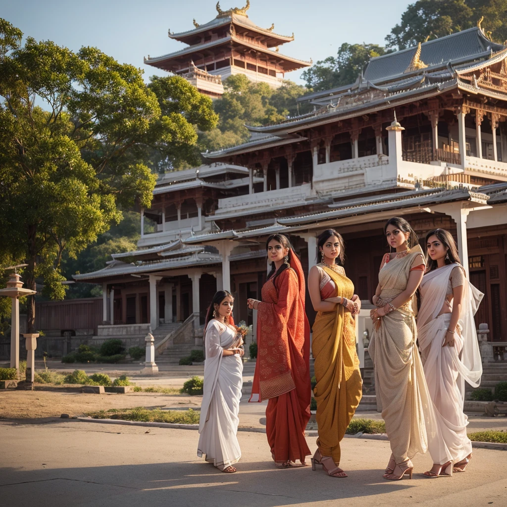 Three married indian women, wearing saree, arogant and killer looks, sharp eyes, a elegance house like temple in the background, half body