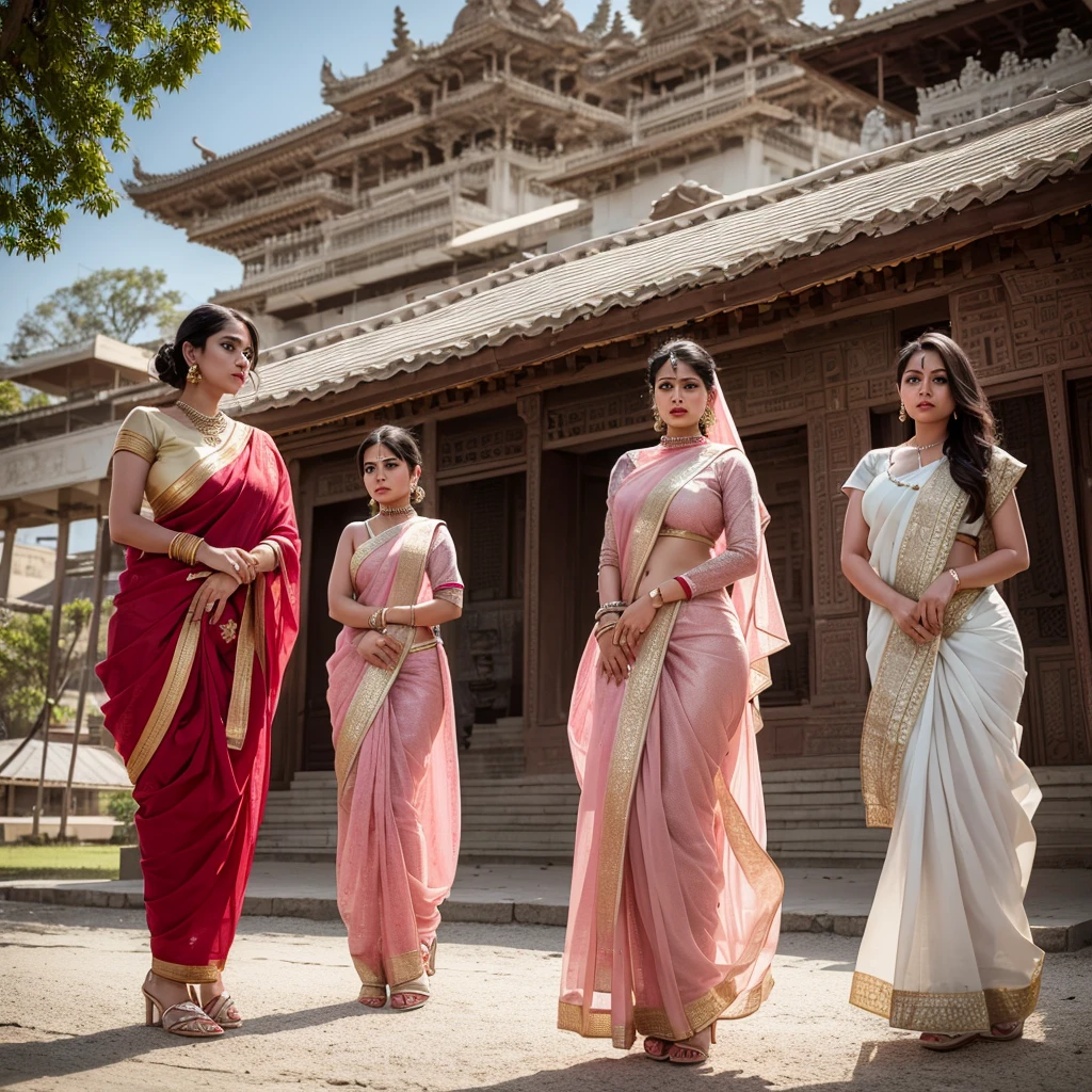 Three married indian women, wearing saree, arogant and killer looks, a elegance house like temple in the background