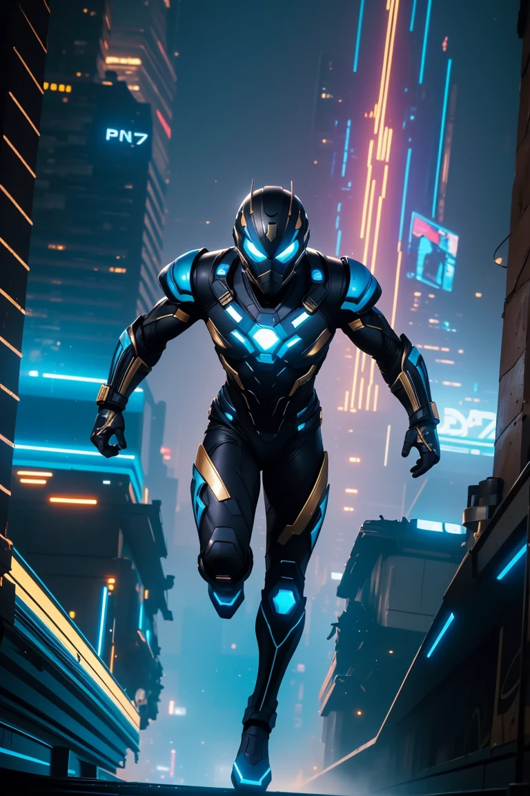 (Best Quality),(Masterpiece),(ultra detailed),(4k resolution),(extremely detailed),abstract expressionist painting "hyperion", superhero with the power to run fast, digital paint, Concept art portrait of the character, (black suit with blue), full face helmet, Big city, whole body