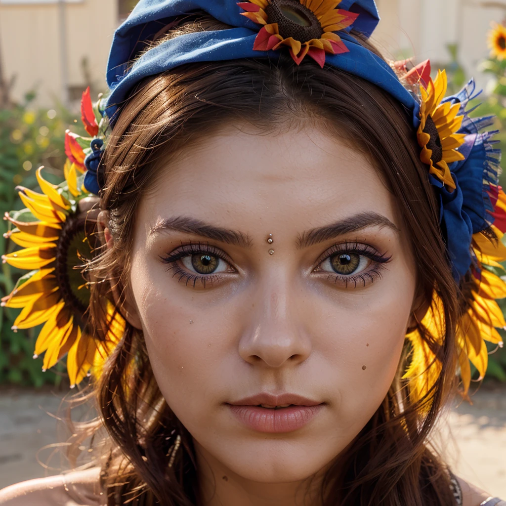 very beautiful girl, beautiful bright brown eyes, framed face, nordic facial features, day of the dead catrina makeup, (red and blue sunflowers on her headband)