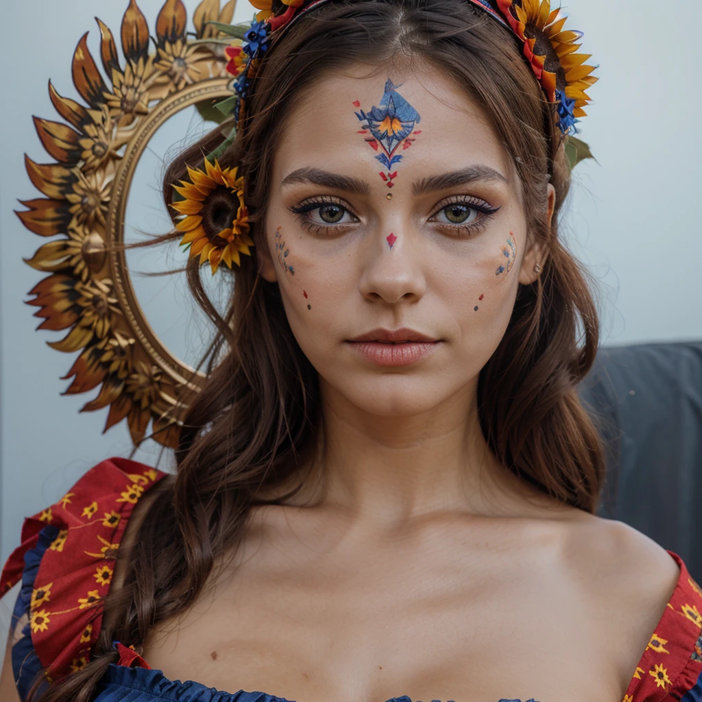 very beautiful girl, beautiful bright brown eyes, framed face, nordic facial features, day of the dead catrina makeup, (red and blue sunflowers on her headband)