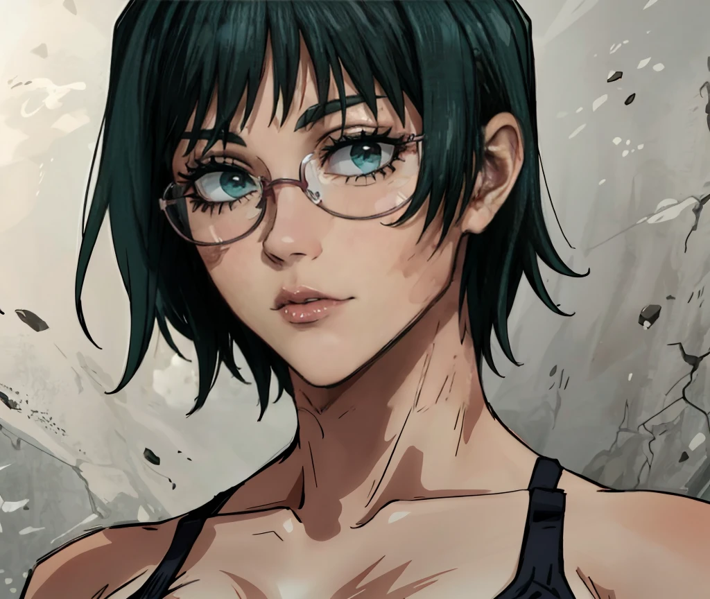 (masterpiece:1.2, best quality:1.2, beautiful, high quality, highres:1.1), detailed, extremely detailed 4K, perfect eyes, perfect face, black laced bra, short green hair, perfect lighting, (1girl, solo, adult female, mature female), short fluffy hair, thin, beautiful eyes, lithe body, scar on body, Maki Zenin LoRA, Maki Zenin, green hair, glasses, (big breasts), ((sensual seductive))