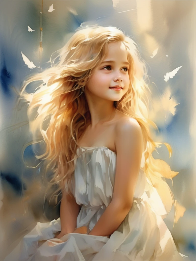 (((Watercolor)))1 Angel girl facing forward, Beautiful wings on the back、Blonde, Long Hair, alone、smile、magic, Strapless White Dress、Hopeful Face、