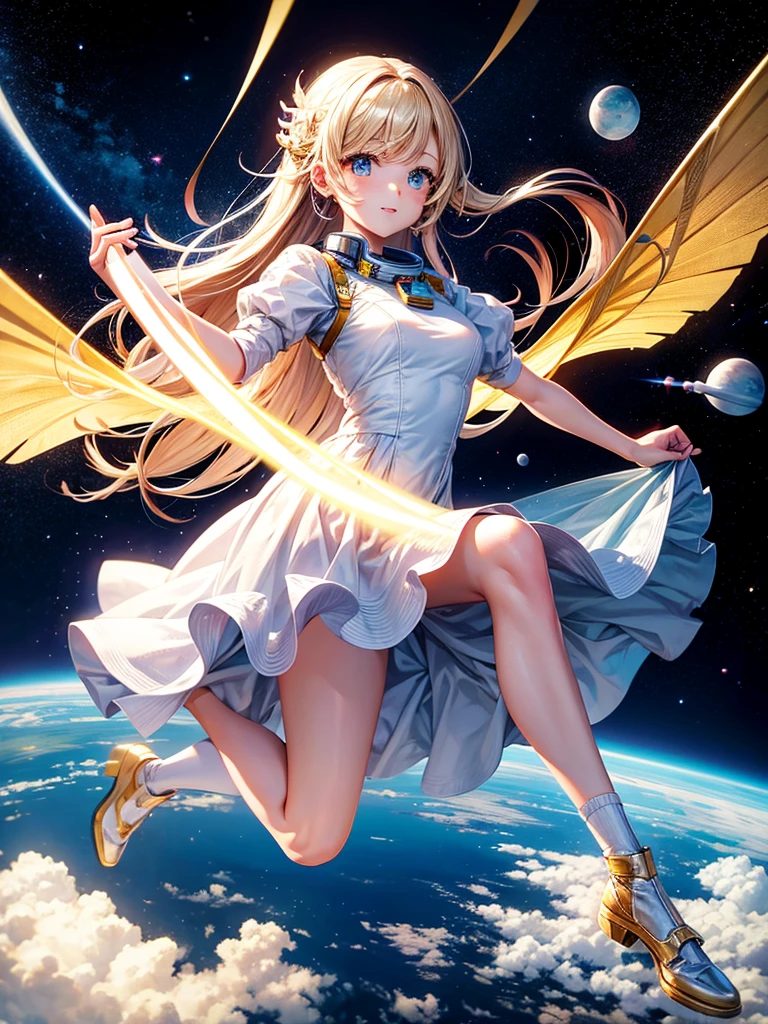 Highest quality,Highest Resolution,A beautiful android girl flying in space,Earth in the background,