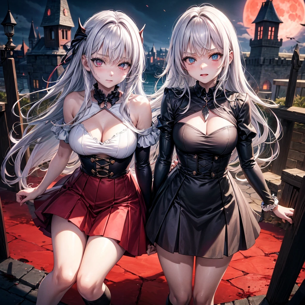 His chest was covered in blood、Anime girl with blood dripping from her chest, gapmoe Yandere grimdark, Devil anime girl, Shatia Bradfren, Bad guy anime 8k, Yandere intricate, portrait gapmoe Yandere grimdark, Vampire Girl, bloody + Concept Art, Yandere, Anime style 4k, Detailed digital anime art,Devil Wings, Gothic girl anime long skirt,Red Moon,castle