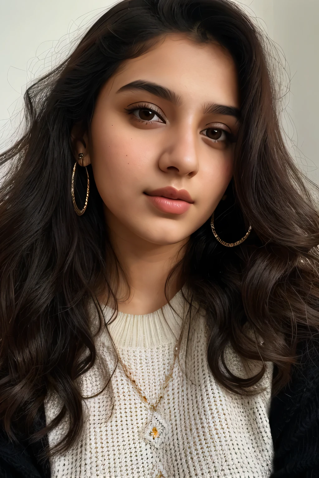 instagram photo, 21yo russian woman, long more curly hair, black hair, closeup portrait, sweater, pale, hard shadows, best Indian Version Girl, realistic, 