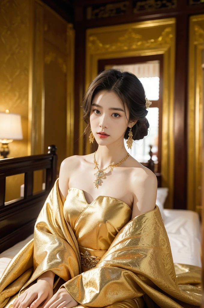 (((best quality))),(((ultra detailed))),(((masterpiece))),illustration,1 girl,solo,slim,thin,shoulder length straight bob hair,earrings,necklace,small breasts,flat chest,slender legs,high heels,Asian appearance,princess,royal,Chinese palace,night scene,magnificent dragon gown,golden crown,intricate embroidery,luxurious fabric,precious stones,(sitting on the metallic bed:1.3),(arms behind back:1.3),decorative patterns,rich decorations,luxurious furnishings,regal charm,beautiful face,gentle smile,bright eyes,historical,traditional,city lights,modernity,frozen moment,beauty of the past,evolution of time,(from front:1.3),(upper body:1.2)