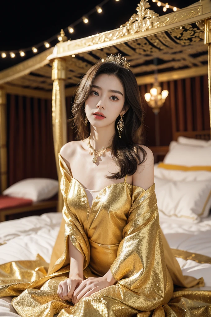 (((best quality))),(((ultra detailed))),(((masterpiece))),illustration,1 girl,solo,slim,thin,shoulder length straight bob hair,earrings,necklace,small breasts,flat chest,slender legs,high heels,Asian appearance,princess,royal,Chinese palace,night scene,magnificent dragon gown,golden crown,intricate embroidery,luxurious fabric,precious stones,(sitting on the metallic bed:1.3),(arms behind back:1.3),decorative patterns,rich decorations,luxurious furnishings,regal charm,beautiful face,gentle smile,bright eyes,historical,traditional,city lights,modernity,frozen moment,beauty of the past,evolution of time,(from front:1.3),(spread legs apart:1.3),(upper body:1.2)