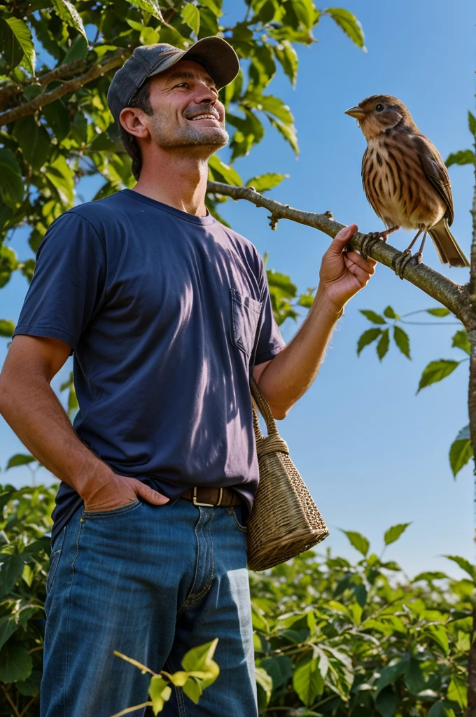 The farmer stands next to the tree, looking up at the bird with a grateful expression. The bird chirps happily in response