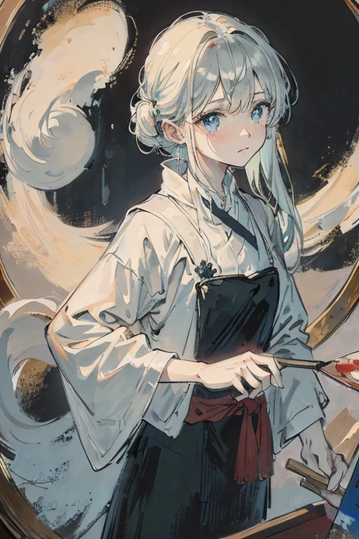 Ghost Painter,Painting an oil painting on a canvas,Holding a large brush,Palette with paints at hand