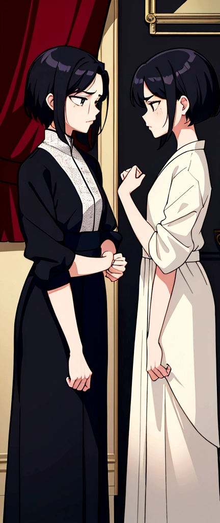 masterpiece、Highest quality、Two beauties、Two women facing each other and arguing violently。There was a look of anger on their faces.、Clenching his fist。One of the women has short hair and is dressed casually.、The other has long hair and is dressed a little more formally.。The background is a simple room、A little bit of furniture and accessories are visible.。The whole scene has an air of tension and conflict.。