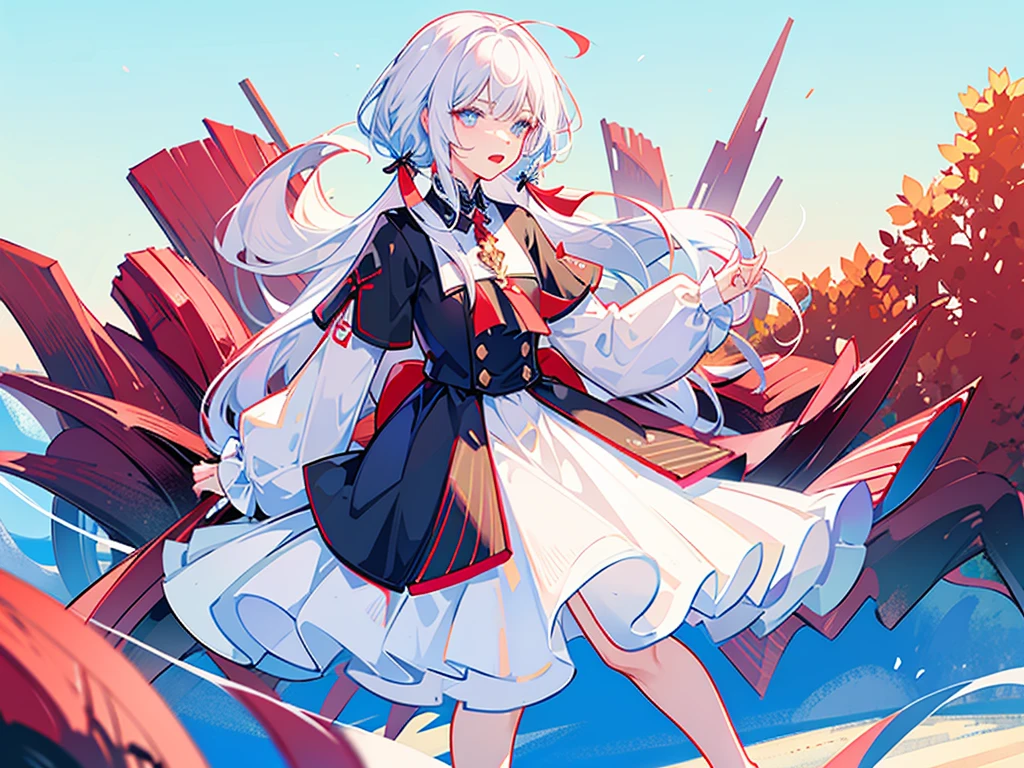 White hair, long, beautiful boy, cute, dress, androgynous, left eye white, right eye red, love, fleeting, unrequited love, solo, blue background
