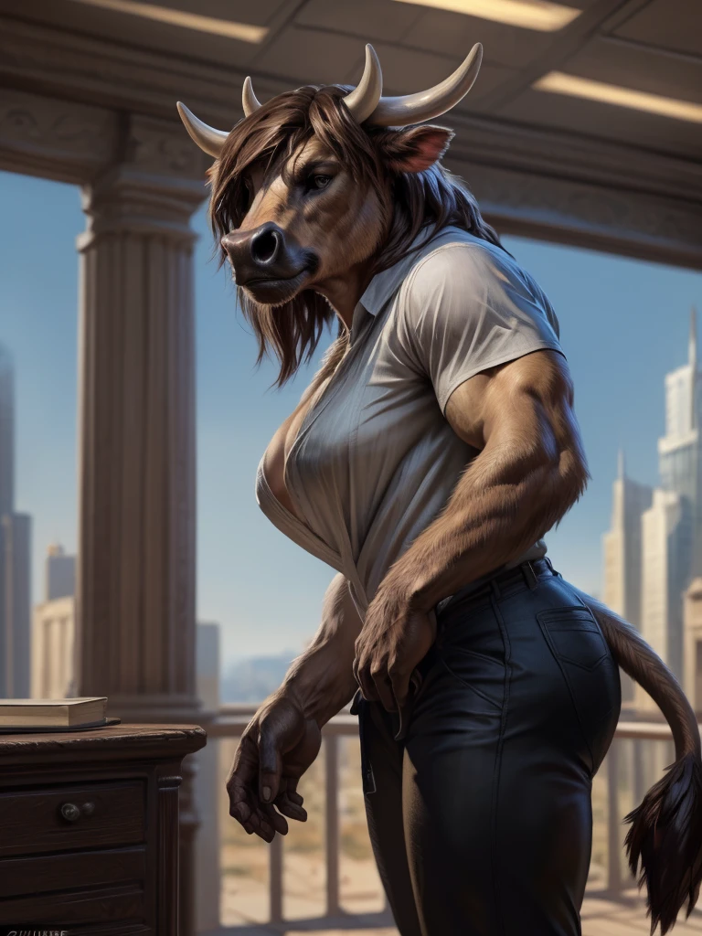 Sharp focus, masterpiece, 8k, intricate artwork, hyper detailed, high detail, best quality, perfect colors, perfect shadows, perfect lighting, (by Taran Fiddler, by Chunie, by Rukis, Bonifasko lighting), (epic, masterpiece:1.2),

(bust shot, solo, posing for the camera, side view),

correct anatomy, detailed eyes, anthro cow, female, feminine, middle-aged, bovine ears, bovine tail, small horns, nails on hand, (high hocks, hoofed legs, cow legs), (big breasts, soft breasts, saggy breasts), very long hair,

(light-yellow fur, white front fur:1.3, white hands:1.3, white legs fur:1.3, brown hair),

(short sleeve shirt, black pants, tight pants),

(standing),

(office)
